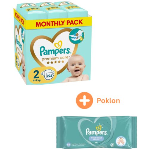 Pampers Pelene Monthly pack Premium S2 MSB, 224 komada i Poklon Fresh Clean Vlažne maramice, 12x52 komada Cene