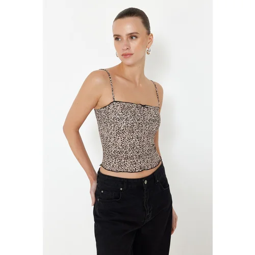 Trendyol Brown Leopard Printed Strappy Crop Super Stretch Knitted Blouse