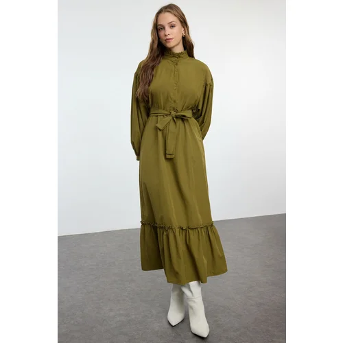 Trendyol Khaki Double Breasted Tied Cotton Woven Dress