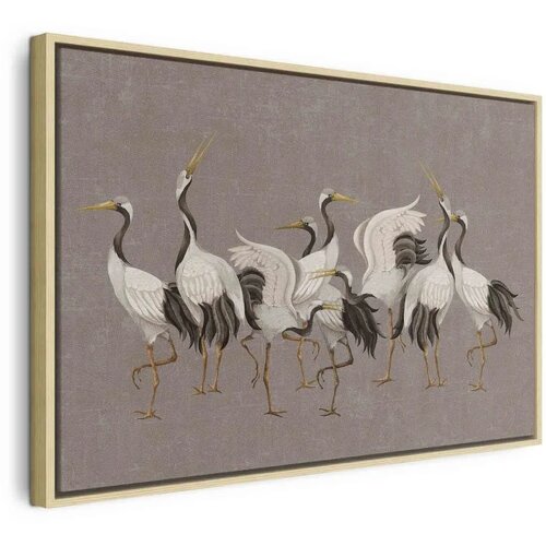  Slika - Crane dance – bright silhouettes of birds against a warm grey background with texture 90x60 U prirodnom drvenom okviru Cene