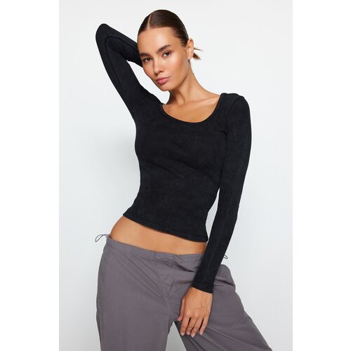 Trendyol Anthracite Wear/Faded Effect Ribbed Pool Collar Fitted Blouse in Cotton, Knitted Slike