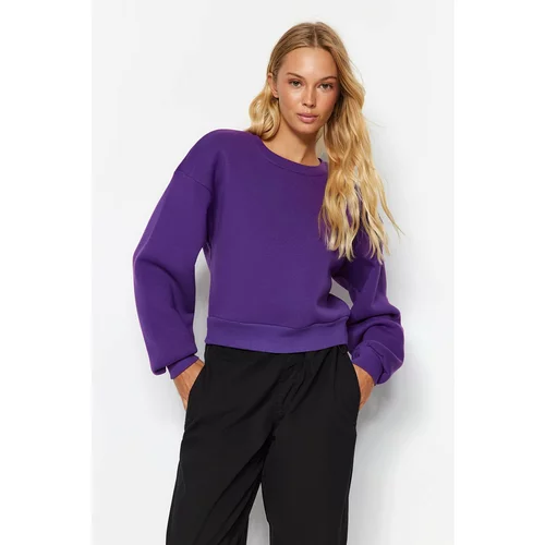 Trendyol Purple Comfy Cut Crop Basic Crew Neck Thick Fleece Inside Knitted Sweatshirt