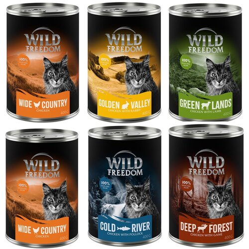  Me&scaron;ano poskusno pakiranje: Wild Freedom Adult - 6 x 400 g (2 x pi&scaron;čanec, losos, jagnjetina, zajec, divjačina) Cijene