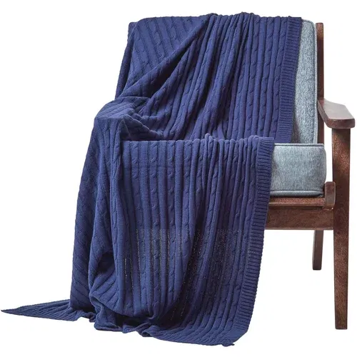 HOMESCAPES Bombažna pletena odeja s kablom, mornarsko modra, 150x200 cm, (20749773)