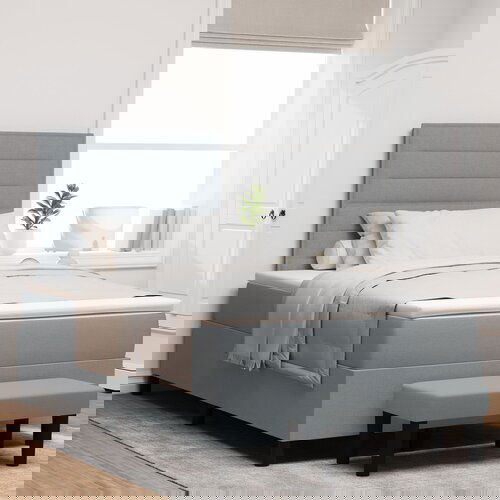 VidaXL Postelja z vzmetnico z klopjo svetlo siva 120x200 cm Tkanina Slike