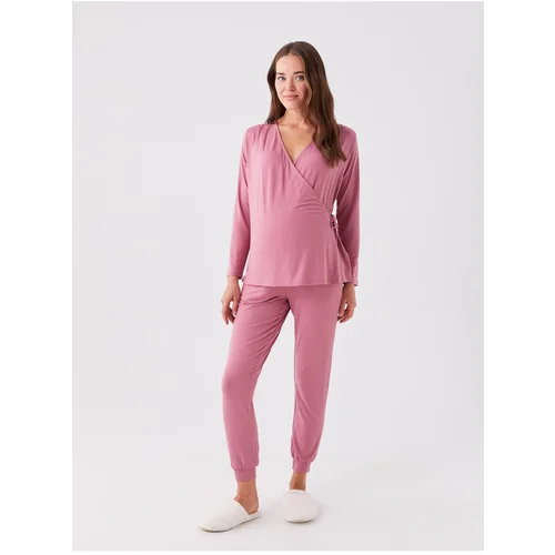 LC Waikiki Double Breasted Neck Plain Long Sleeve Maternity Pajamas Set