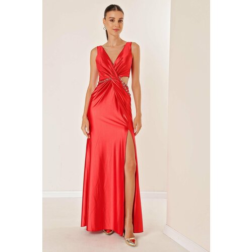 By Saygı Double-breasted Collar Lined Waist Decollete Chain Detail Long Satin Dress Red Slike