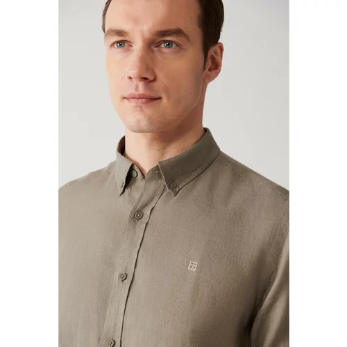 Avva Men's Light Khaki 100% Linen Buttoned Collar Comfort Fit Relaxed Cut Shirt