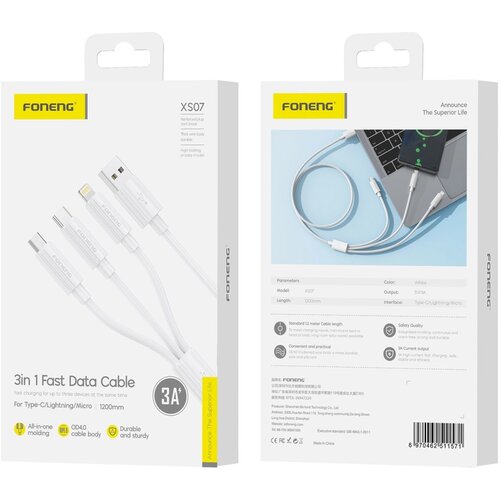 Foneng KABEL XS07 3V1 3A 1,2M ZA HITRO POLNJENJE TELEFONA ANDROID XIAOMI, (5000334571) Cene