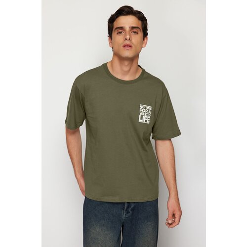 Trendyol Khaki men's  Relaxed/Casual Cut Crew Neck Text Printed T-Shirt Cene