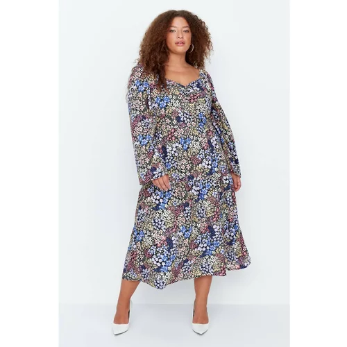 Trendyol Curve Multi Colored Floral Pattern Woven Viscose Dress