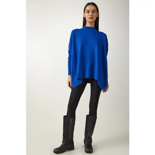 Happiness İstanbul Women's Blue Stand-Up Collar Slit Knitwear Poncho Sweater