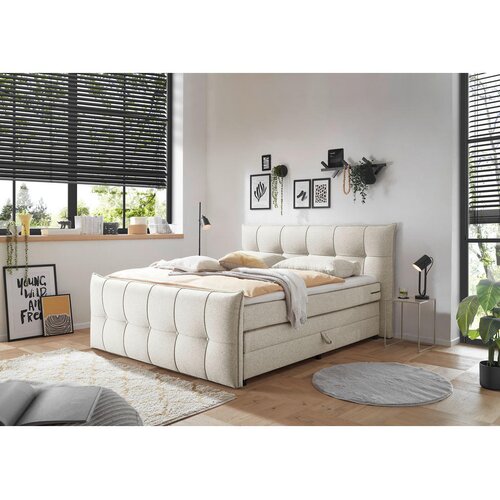 MID.YOU POSTELJA BOXSPRING 180 cm x 200 cm , tekstil, leseni material krem barve Slike