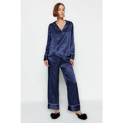 Trendyol Blue Piping Detailed Satin Shirt-Pants Woven Pajamas Set