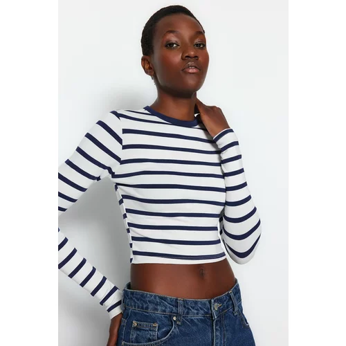 Trendyol Navy Blue Striped Premium Viscose with Soft Fabric Fitted Crop Stretchy Knitted Blouse