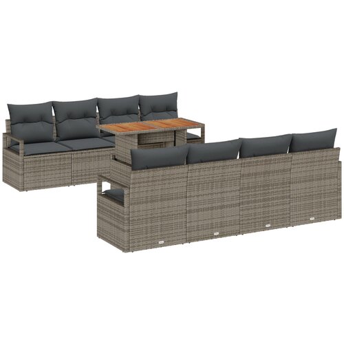 VidaXL 9-dijelni vrtni sofa set s jastučićima siva poli ratan akacija, 2-sjedna vrtna sofa s jastučićima siva poli ratan Slike