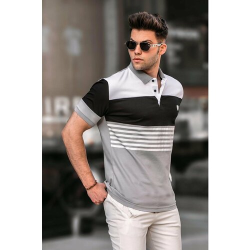 Madmext Men's Striped Gray Polo Collar T-Shirt 5865 Slike