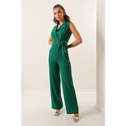 By Saygı Double Breasted Collar Crepe Jumpsuit With Buckle Belt Emerald Slike