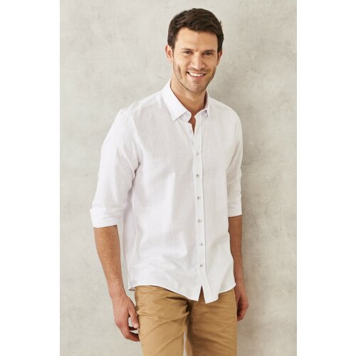 AC&Co / Altınyıldız Classics Men's White Slim Fit Slim Fit Hidden Button Collar Linen Look 100% Cotton Flamed Shirt Cene