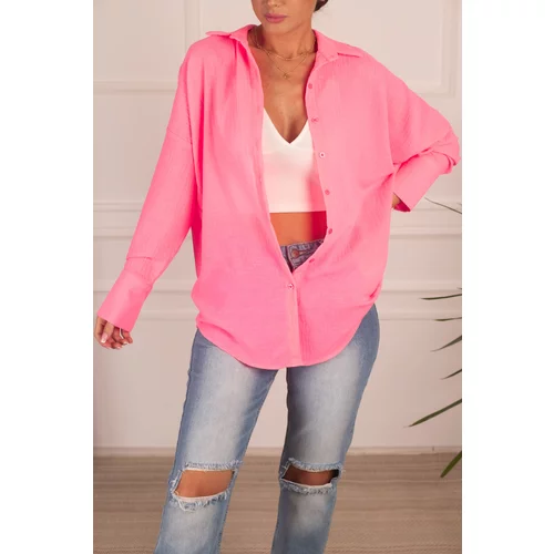armonika Women's Neon Pink Oversize Textured Linen Look Wide Cuff Shirt