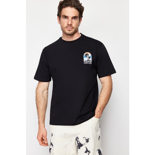 Trendyol men's black relaxed/comfortable cut scenic embroidered 100% cotton short sleeve t-shirt Cene