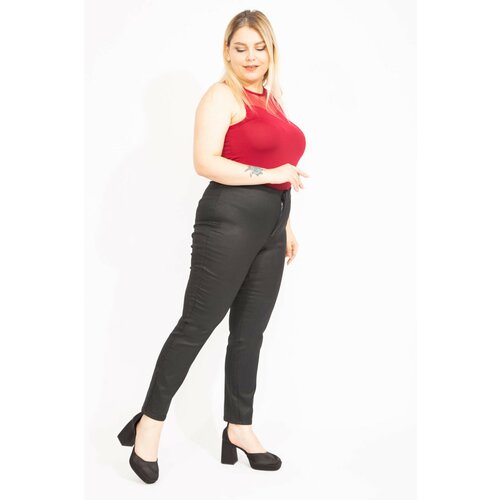 Şans Women's Black Large Size Faux Leather Hidden Belt Pocketless Trousers Slike
