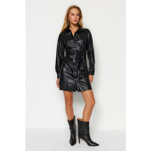 Trendyol Black Faux Leather Strap Mini Dress with Buttons, Shirt Collar Slike