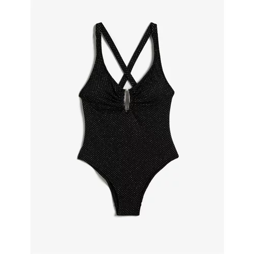 Koton Glittery Swimsuit with Metal Accessories Window Detail and Pleated Straps.