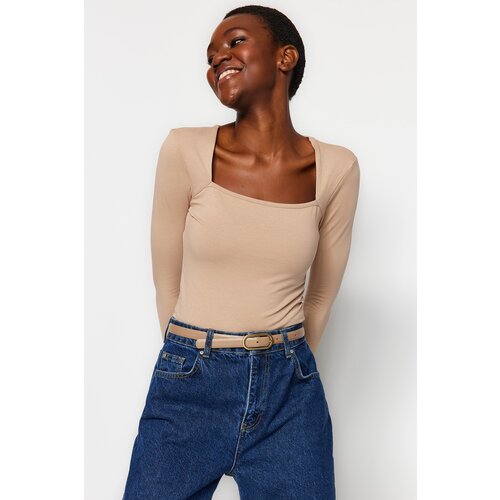 Trendyol Mink Cotton Stretchy Square Neckline Fitted/Sticky Blouse Cene