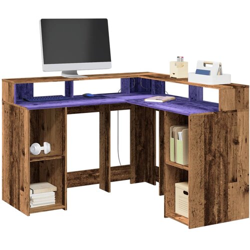 vidaXL Radni stol s LED svjetlima boja staro drvo 130x130x91 cm drveni Cijene