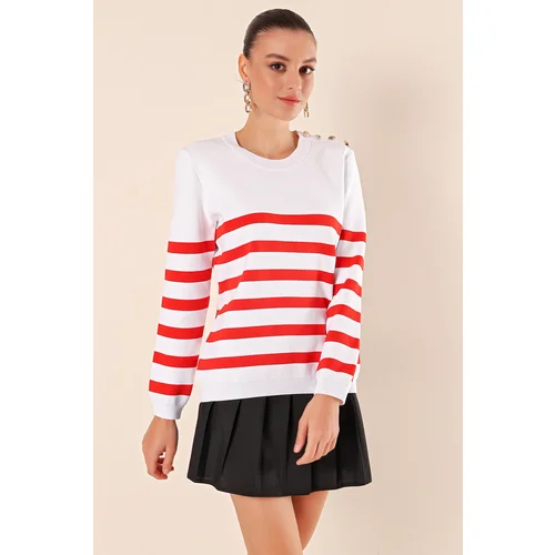 Bigdart 15820 Button Detailed Striped Sweater - Red