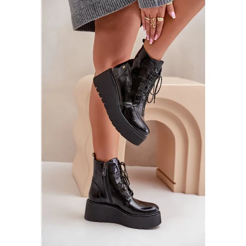 Maciejka Leather Patent Ankle Boots On Platform And Wedge