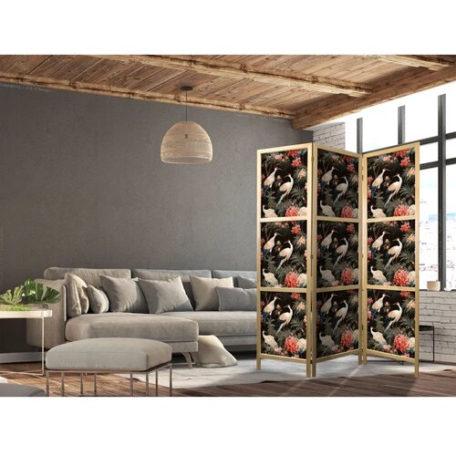  Japanski paravan - Ornament with birds - silhouettes of cranes and peony flowers on a dark background 135x172 Cene