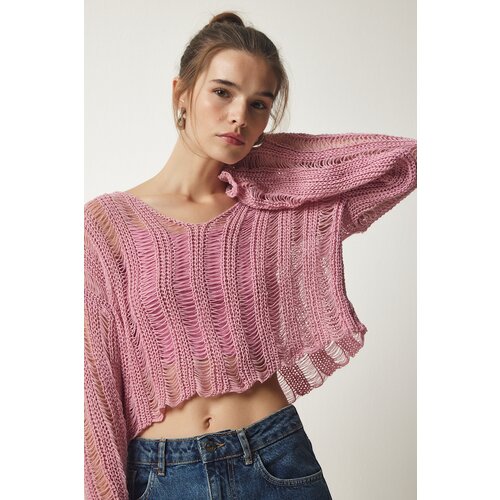 Women's Pink V-Neck Ripped Detail Seasonal Crop Knitwear Sweater Slike