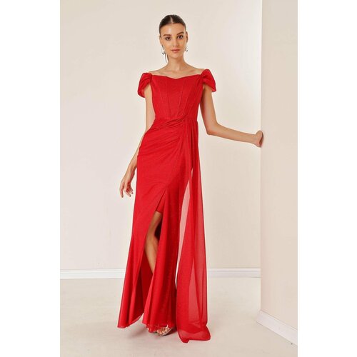 By Saygı Low Sleeves Front Draped and Lined Underwire Long Glittery Dress Red Slike