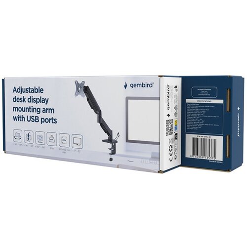 Gembird MA-DA1U-01 Adjustable desk display mounting arm with USB ports, 17”-32”, black Cene