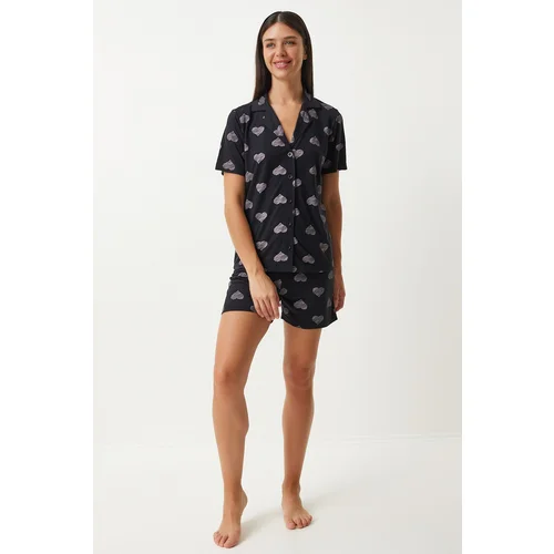 Happiness İstanbul Women's Black Heart Shirt Shorts Pajama Set