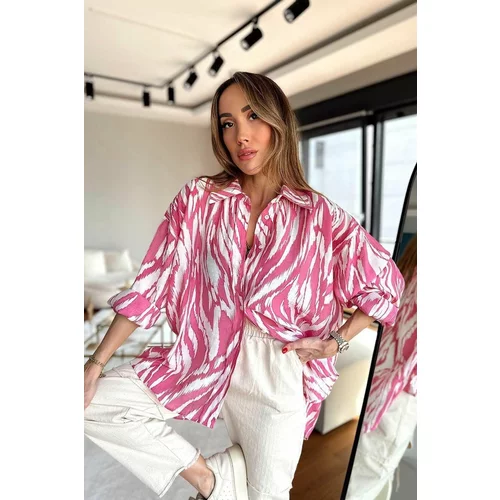 Laluvia Pink Viscose Fabric Patterned Oversize Women's Shirt