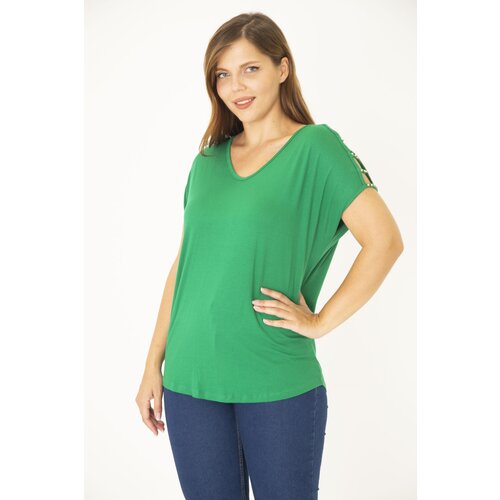 Şans Women's Plus Size Green Decollete Shoulder Pearl Detailed Viscose Tunic Slike