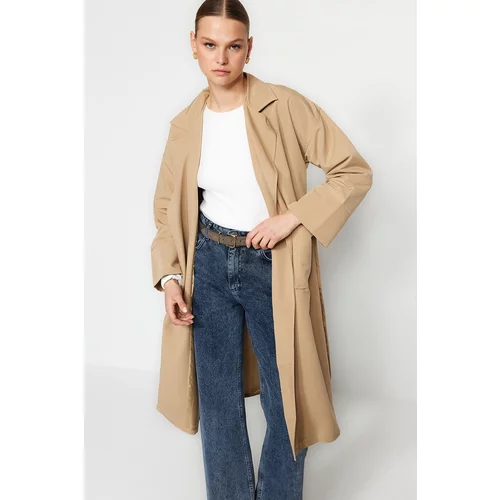 Trendyol Beige Oversize Wide Cut Trench Coat with a Belt, Detailed Sleeves and Pockets, Water-repellent Long Trench Coat