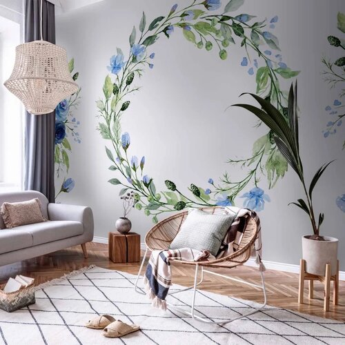  Foto tapeta - Romantic wreath - plant motif with blue flowers and leaves 450x315 Cene