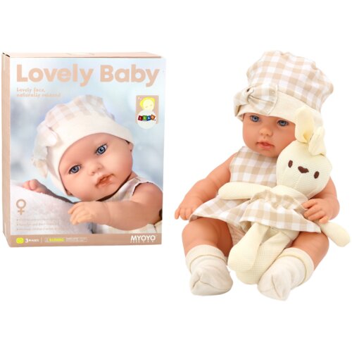  Lutka beba u nosiljci + zeko u kariranoj odjeći 30 cm- bež Cene