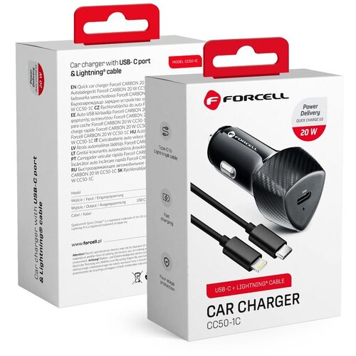 Forcell auto punjač carbon CC50-1C type c 3.0 PD20W + kabal lightning PD20W Slike