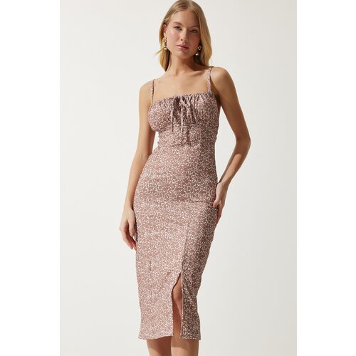  Women&amp;#039;s Vivid Mink White Floral Slit Summer Knitted Dress Slike