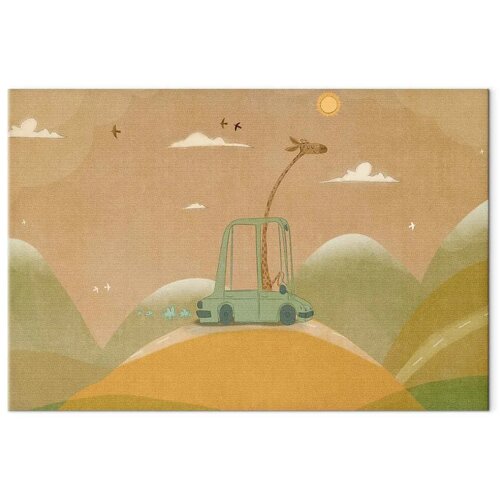  Slika - Dreamy Traveler - A Cheerful Giraffe Driving a Car on a Sunny Day 60x40 Na talijanskom platnu Slike