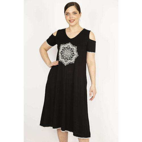 Şans Women's Black Plus Size Decollete Decollete Black Embroidered Dress Slike