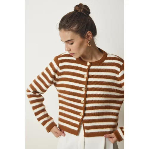 Happiness İstanbul Women's Tile Metal Button Detailed Striped Knitwear Cardigan