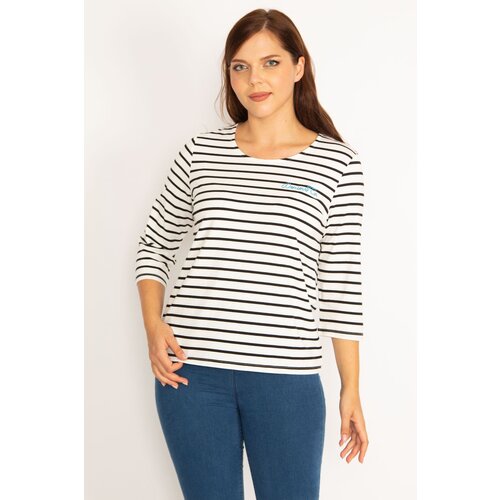 Şans women's plus size bone capri sleeve striped blouse Slike