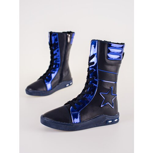 Shelvt Girls&amp;#039; leather ankle boots with high upper navy blue Slike