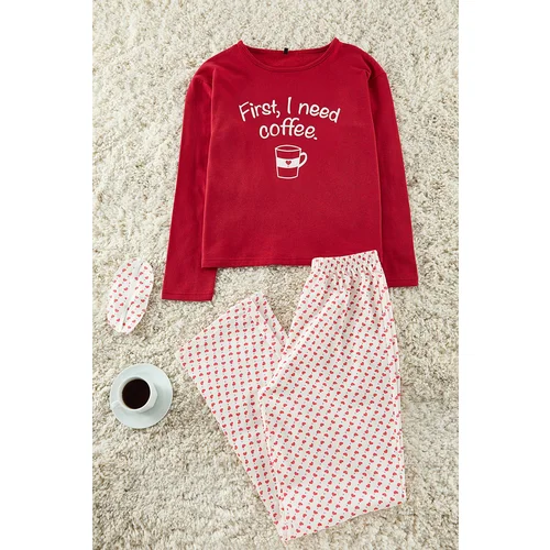 Trendyol Red Cotton Heart Slogan Printed Knitted Pajama Set